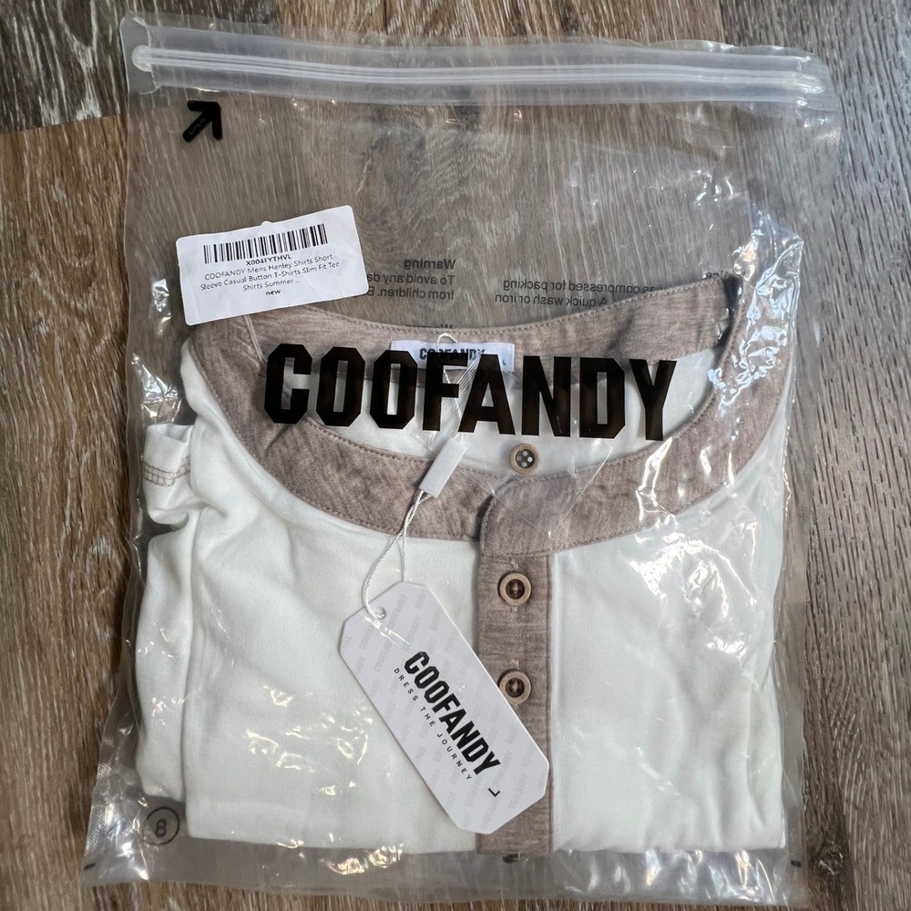 COOFANDY Henley Shirt Mens Large White Short Sleeve Slim Fit Button Tee Summer